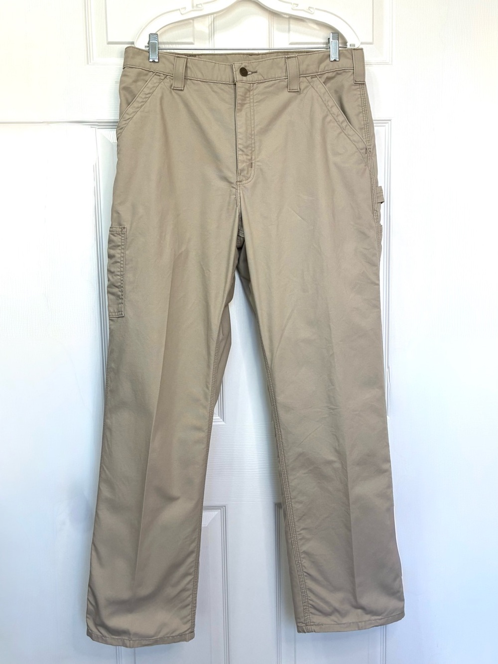 Carhartt Cargo Dungaree Fit Pants Mens 36x32 Beige Logo Hammer Loop Canvas Work